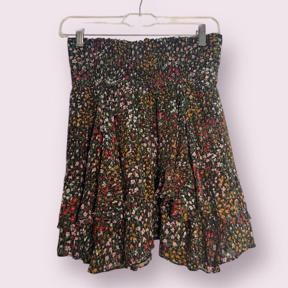 A.L.C. Smocked Waist Black Floral Metallic Flouncy Silk Skirt Size 2
